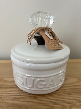 Mud Pie White Ceramic 'SUGAR' Jar with Glass Knob